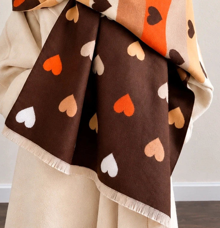 Braun shawl multi-coloured heart pattern soft polyester with fringed edges