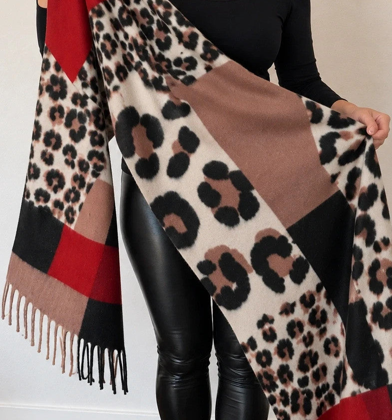 Muster multi shawl leopard print with fringe in red, beige, brown, cream, and black.