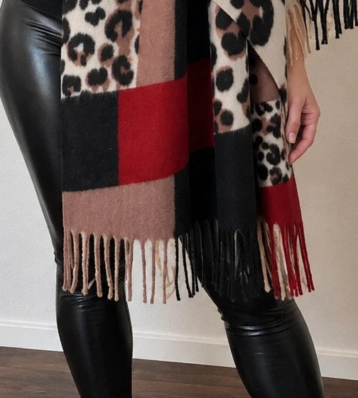 Muster multi shawl leopard print with fringe in red, beige, brown, cream, and black.
