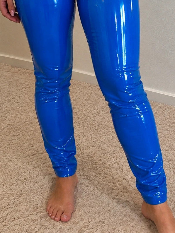 Che blue high waist pants glossy finish with slim fit and front zipper.