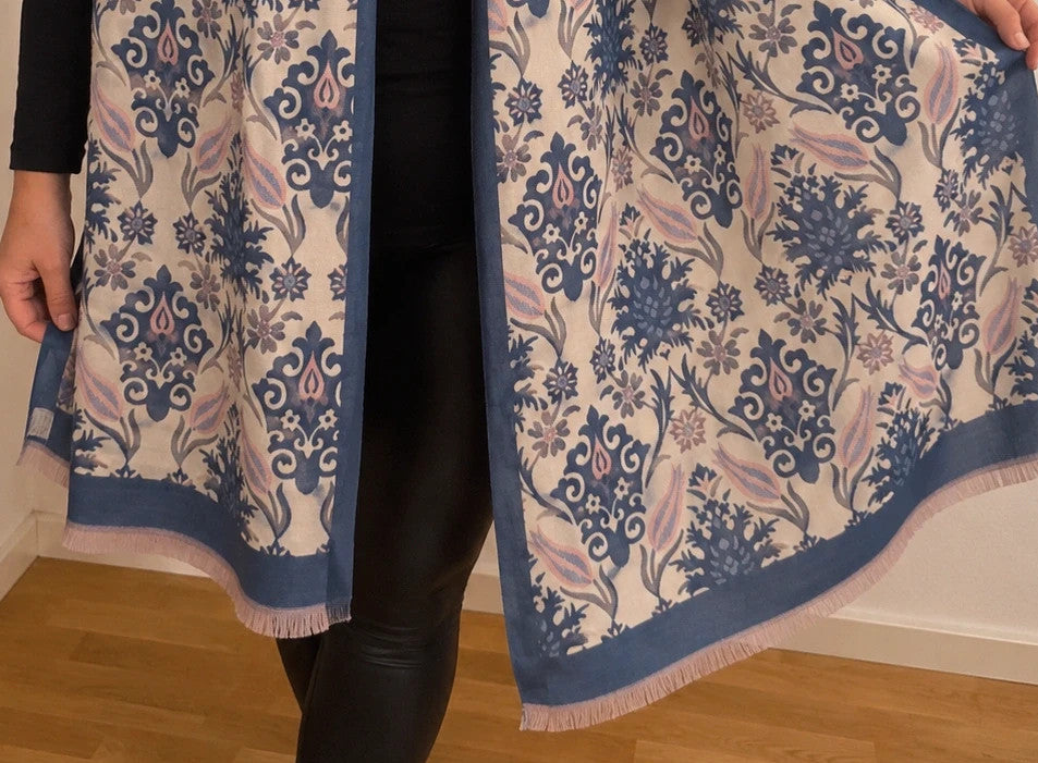 XXL blue and cream shawl with floral and ornament pattern, soft polyester, fringed ends.
