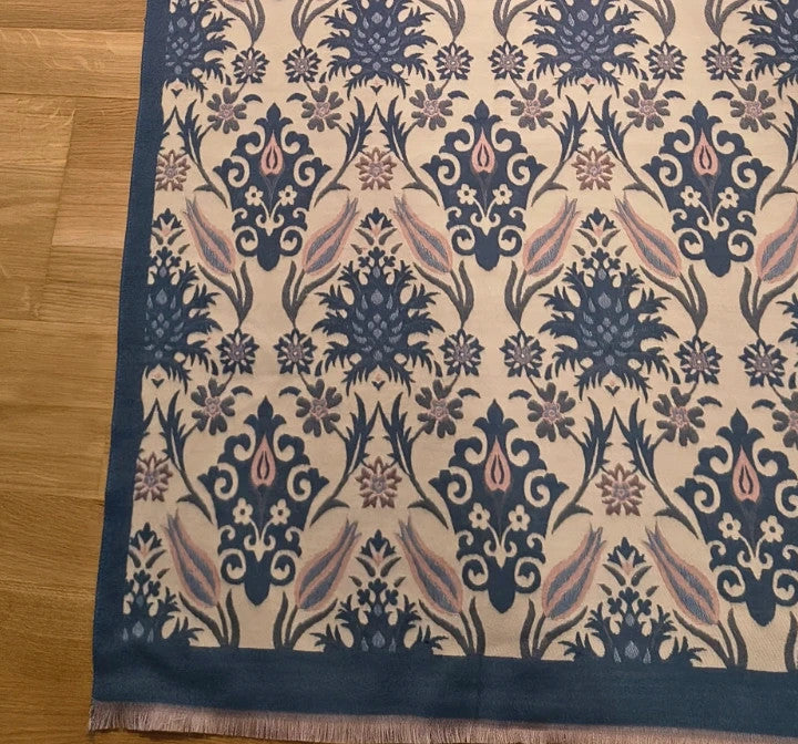 XXL blue and cream shawl with floral and ornament pattern, soft polyester, fringed ends.