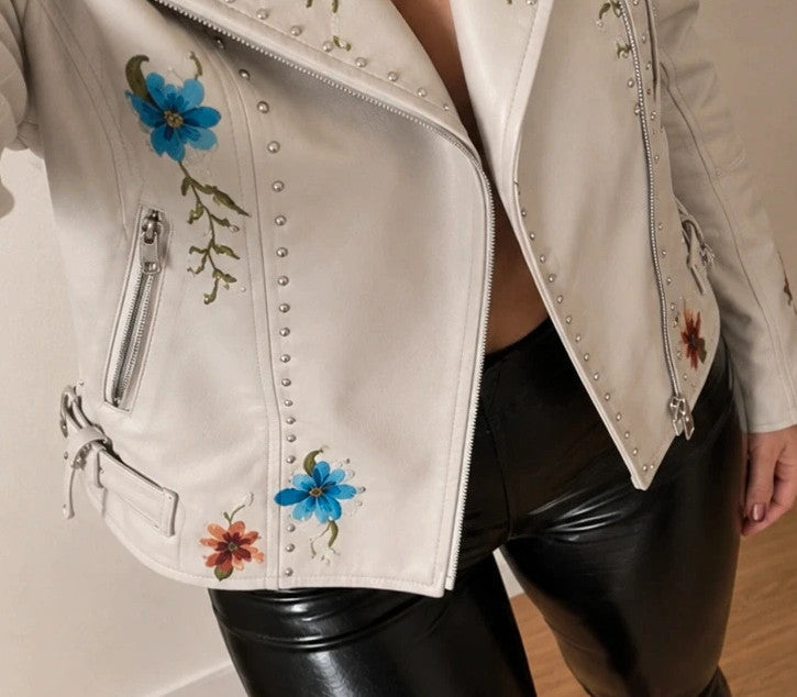 beige biker jacket cream pink floral embroidery silver studs asymmetrical zipper