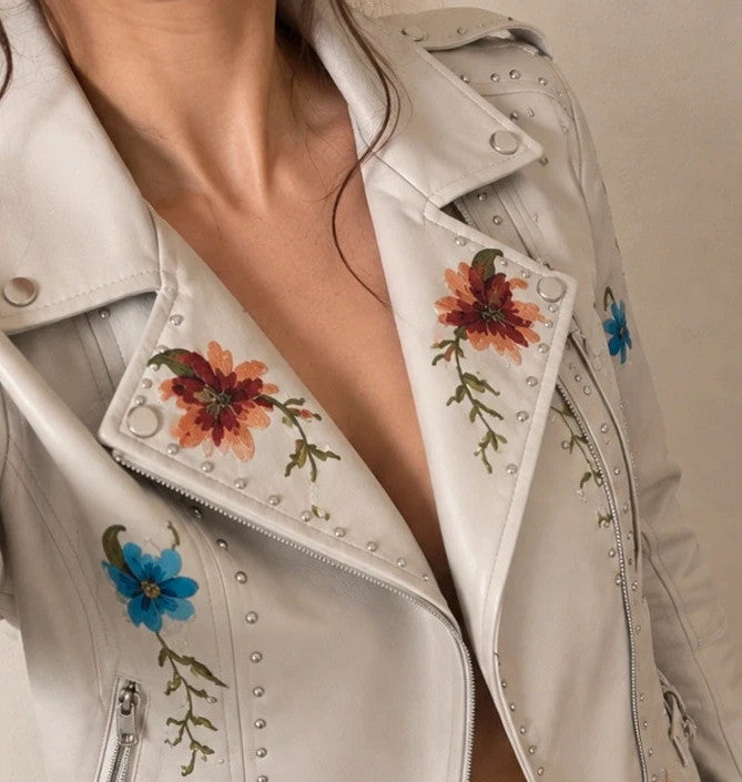 beige biker jacket cream pink floral embroidery silver studs asymmetrical zipper