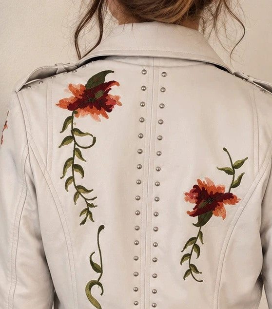 beige biker jacket cream pink floral embroidery silver studs asymmetrical zipper