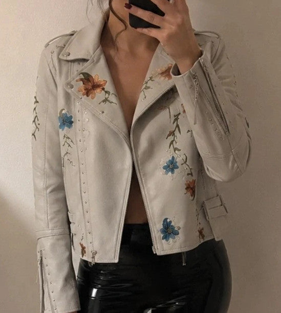 beige biker jacket cream pink floral embroidery silver studs asymmetrical zipper