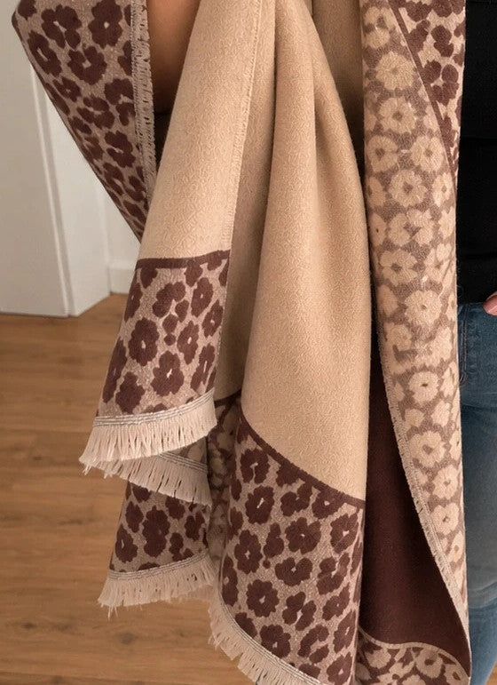 XXL beige brown shawl featuring decorative leopard pattern and soft fringed edges.