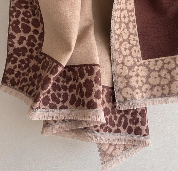 XXL beige brown shawl featuring decorative leopard pattern and soft fringed edges.