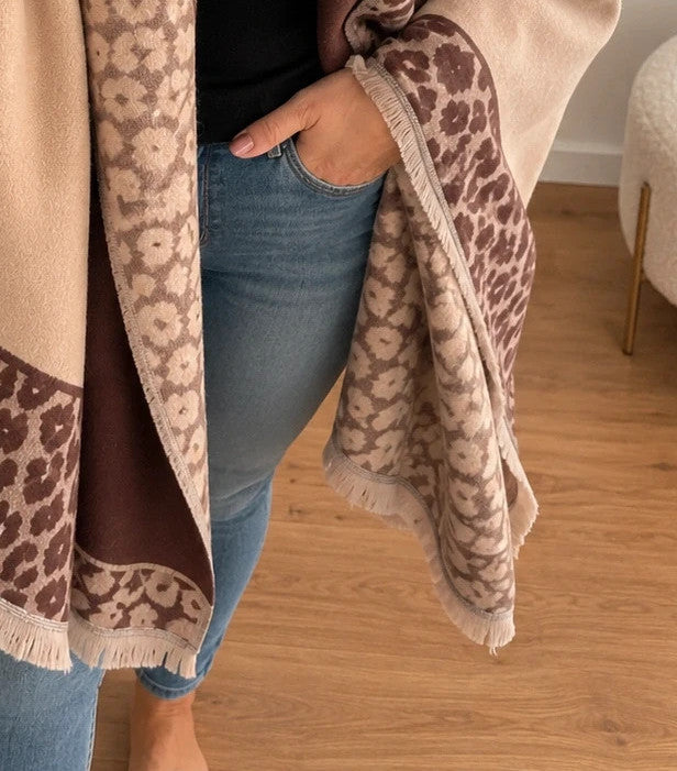 XXL beige brown shawl featuring decorative leopard pattern and soft fringed edges.