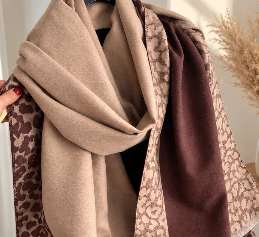 XXL beige brown shawl featuring decorative leopard pattern and soft fringed edges.