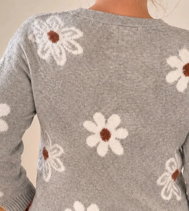 SheIn grey knit cardigan with large cream floral pattern and V-neck, soft material.