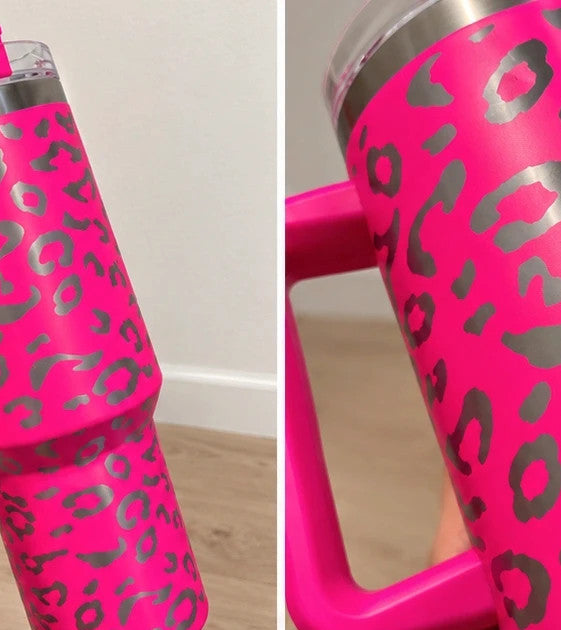 Thermobecher pink stainless steel with silver leopard print and handle, new condition.