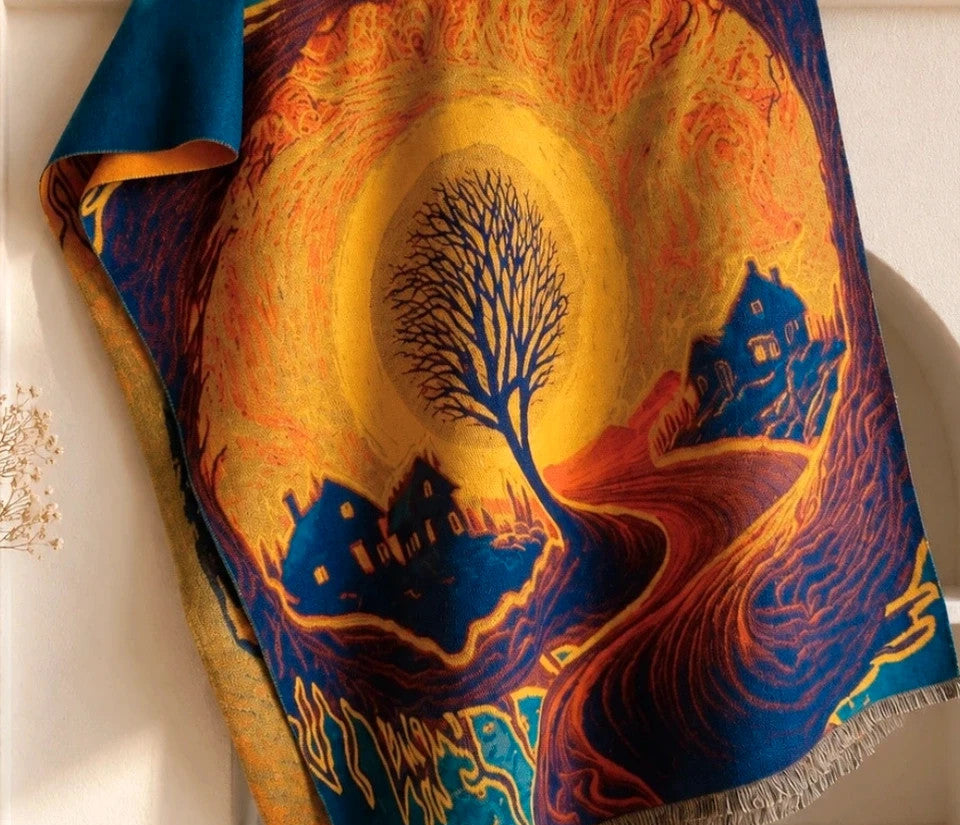 XXL multi shawl featuring a whimsical landscape design with fringed edges.