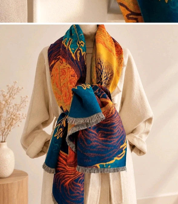 XXL multi shawl featuring a whimsical landscape design with fringed edges.