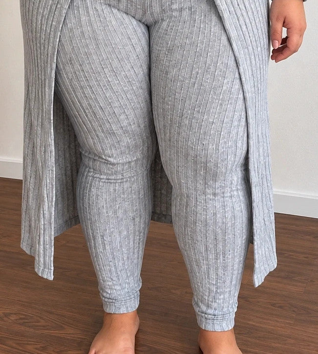 SheIn grey co-ords set featuring ribbed texture, long cardigan, and high-waist leggings.