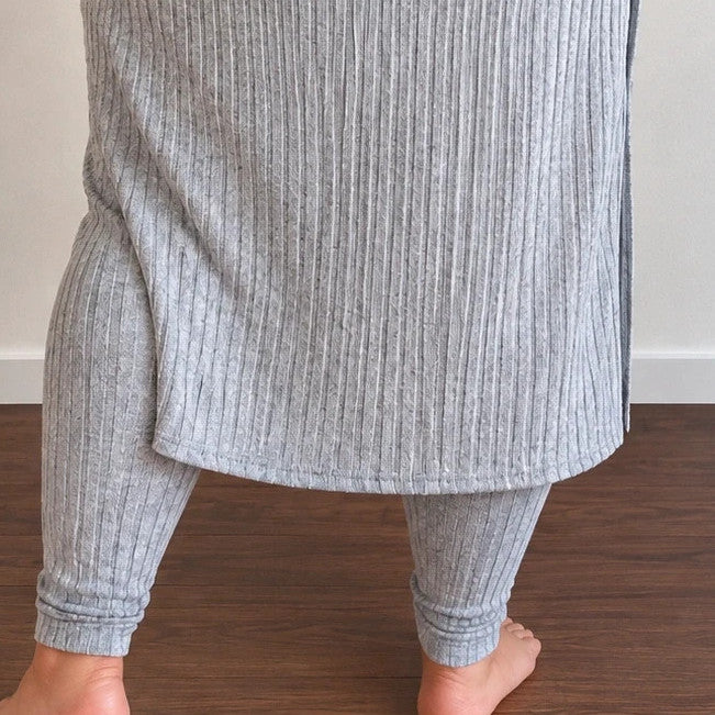 SheIn grey co-ords set featuring ribbed texture, long cardigan, and high-waist leggings.
