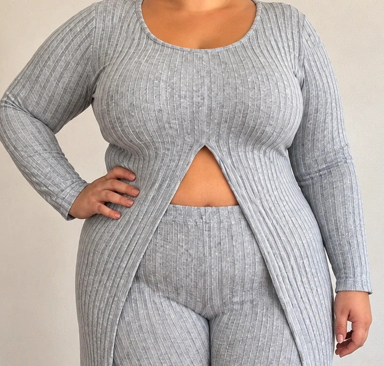 SheIn grey co-ords set featuring ribbed texture, long cardigan, and high-waist leggings.