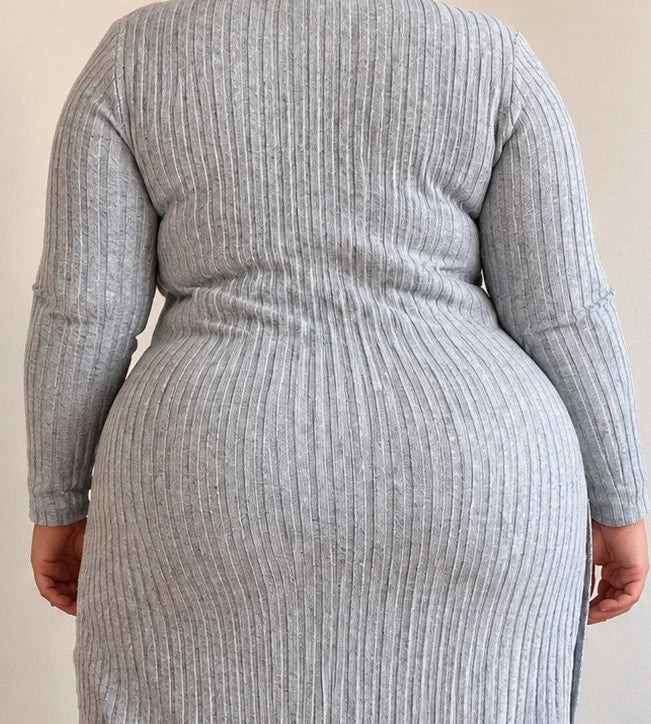 SheIn grey co-ords set featuring ribbed texture, long cardigan, and high-waist leggings.
