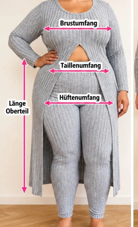 SheIn grey co-ords set featuring ribbed texture, long cardigan, and high-waist leggings.