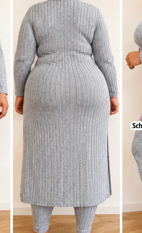SheIn grey co-ords set featuring ribbed texture, long cardigan, and high-waist leggings.