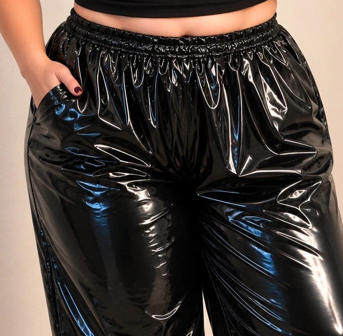 hoch black joggers shiny patent finish high waist loose fit elastic waistband