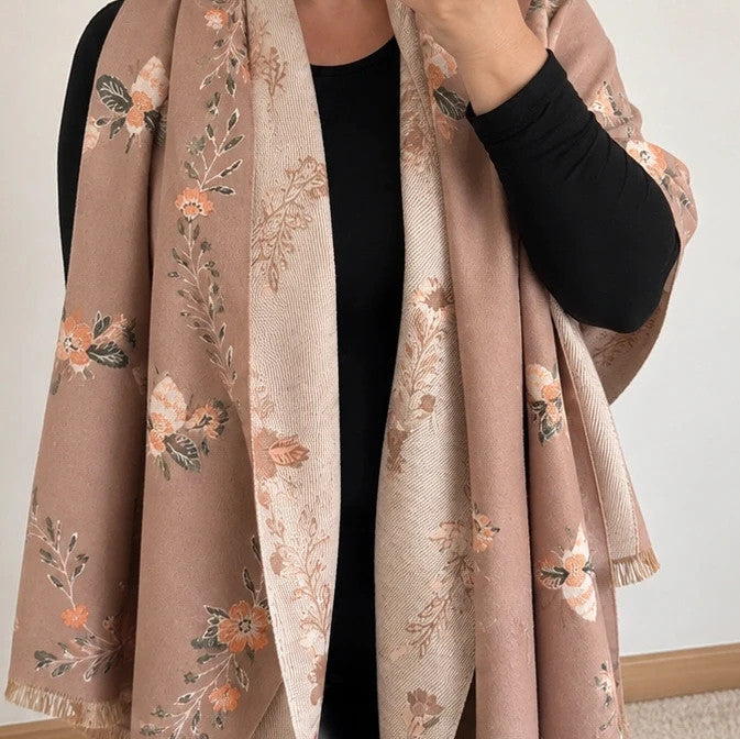 Beige shawl with brown bee and flower pattern, reversible design, fringed edges.
