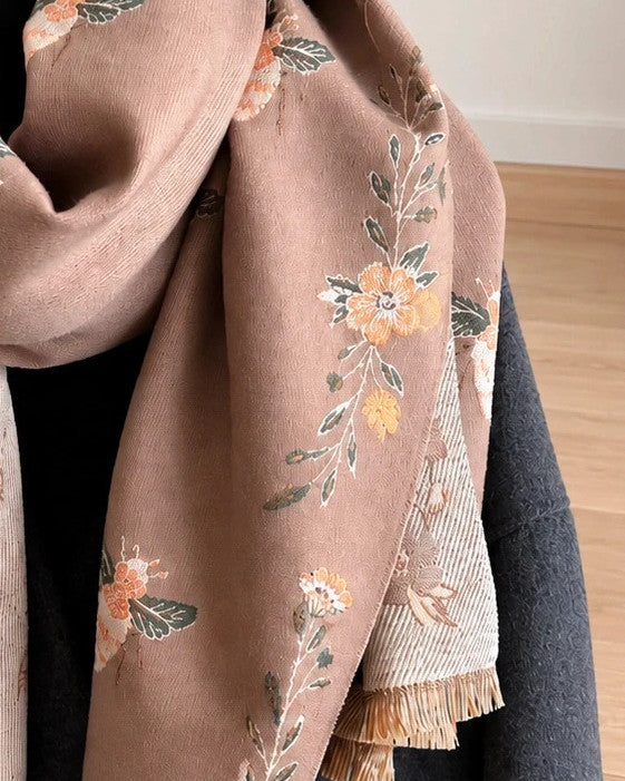 Beige shawl with brown bee and flower pattern, reversible design, fringed edges.