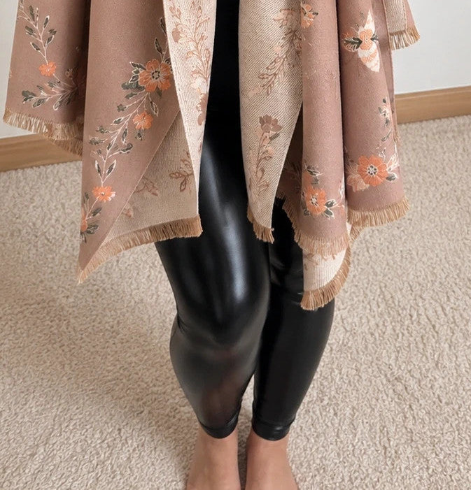 Beige shawl with brown bee and flower pattern, reversible design, fringed edges.