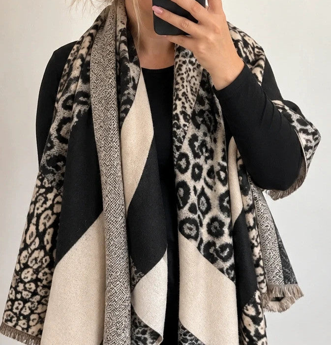 beige shawl black cream leopard print geometric patterns with fringe details