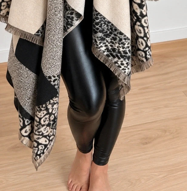 beige shawl black cream leopard print geometric patterns with fringe details
