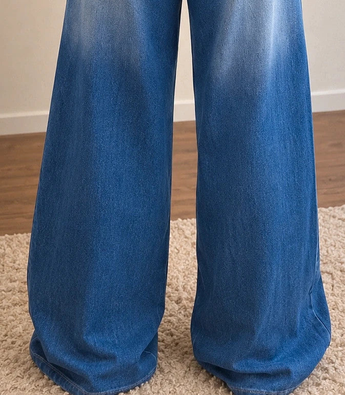 SheIn blue straight jeans with wide leg, high waist, and stretchy material.