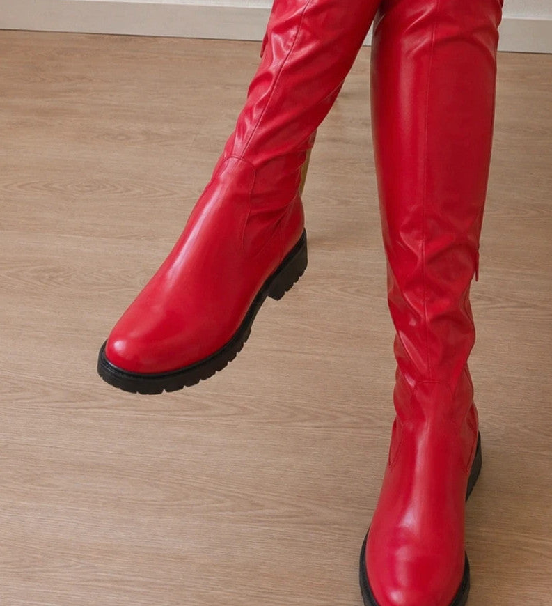 ALS red overknee boots matte patent finish, rounded toe, flat heel, slim fit.