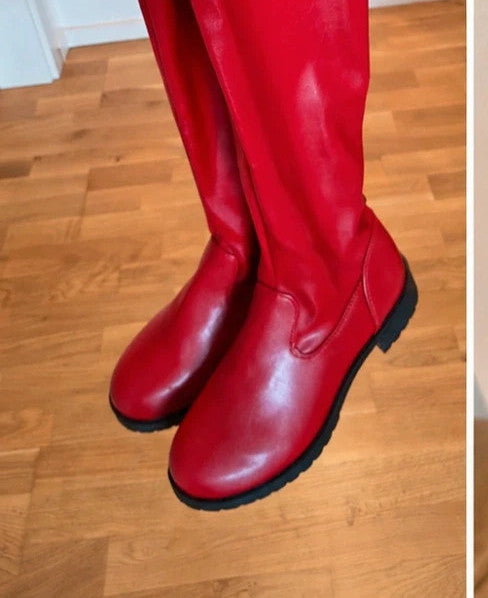 ALS red overknee boots matte patent finish, rounded toe, flat heel, slim fit.