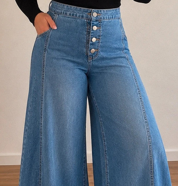 SheIn blue high-waist straight jeans with wide palazzo legs and front button detail.