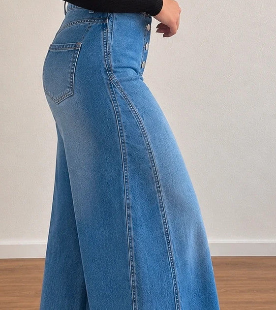 SheIn blue high-waist straight jeans with wide palazzo legs and front button detail.
