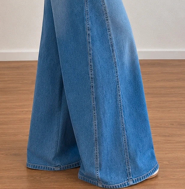 SheIn blue high-waist straight jeans with wide palazzo legs and front button detail.