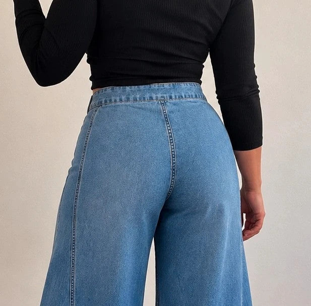 SheIn blue high-waist straight jeans with wide palazzo legs and front button detail.