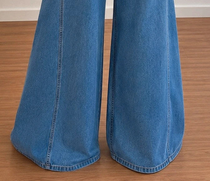SheIn blue high-waist straight jeans with wide palazzo legs and front button detail.