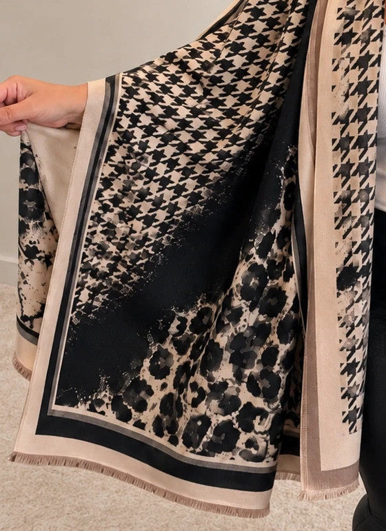 beige shawl black cream leopard print houndstooth pattern with decorative fringes