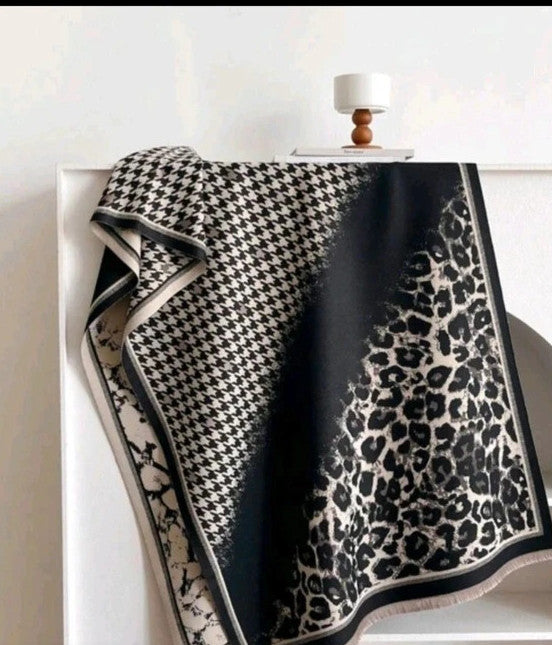 beige shawl black cream leopard print houndstooth pattern with decorative fringes