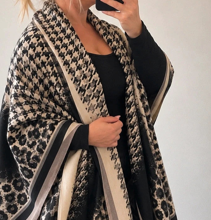 beige shawl black cream leopard print houndstooth pattern with decorative fringes