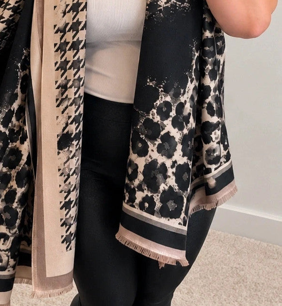beige shawl black cream leopard print houndstooth pattern with decorative fringes