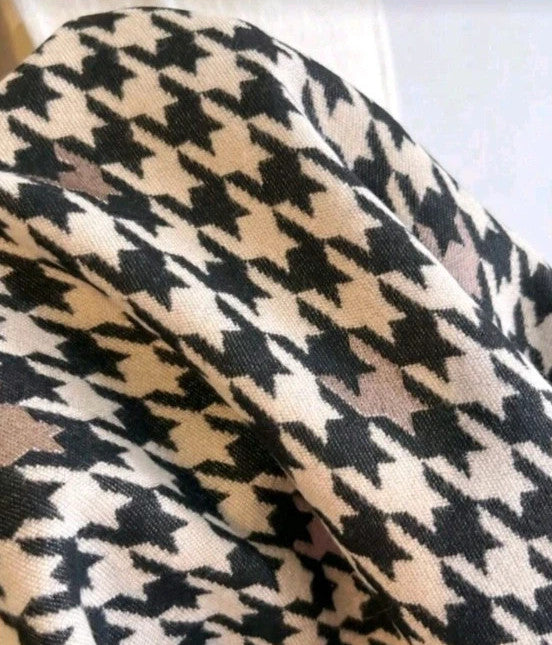 beige shawl black cream leopard print houndstooth pattern with decorative fringes