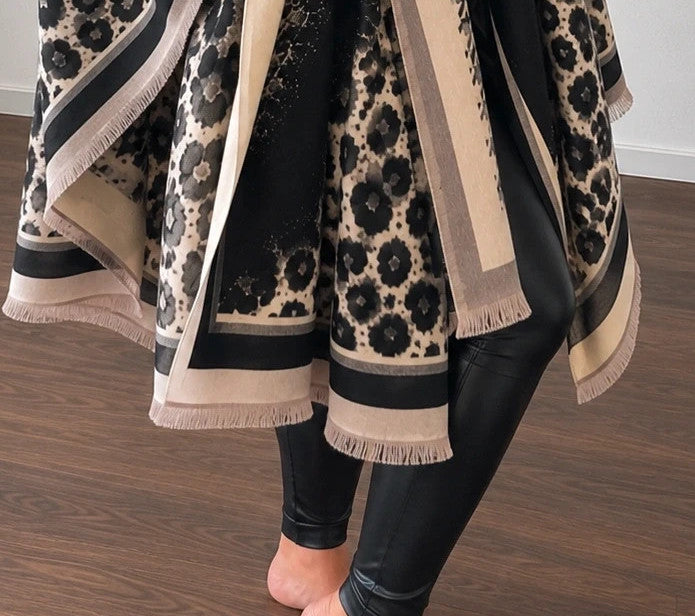 beige shawl black cream leopard print houndstooth pattern with decorative fringes