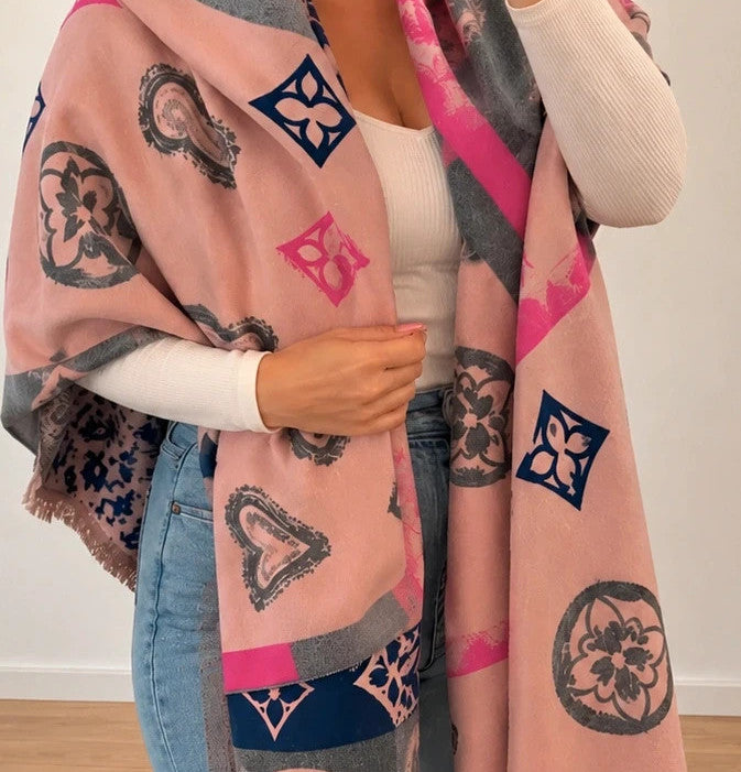 ALS shawl grey pink heart and floral pattern with decorative fringes