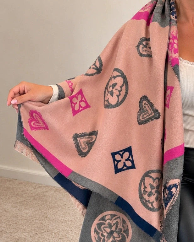 ALS shawl grey pink heart and floral pattern with decorative fringes