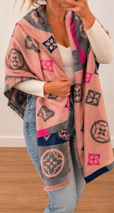 ALS shawl grey pink heart and floral pattern with decorative fringes