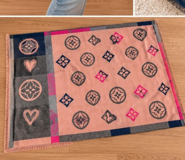ALS shawl grey pink heart and floral pattern with decorative fringes