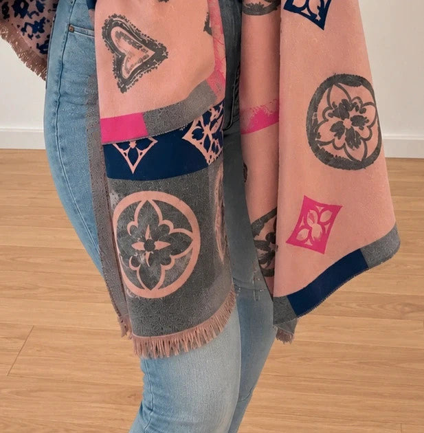 ALS shawl grey pink heart and floral pattern with decorative fringes