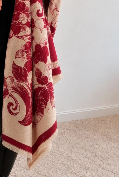 Bordeaux shawl beige and burgundy floral pattern with jacquard texture, reversible design.